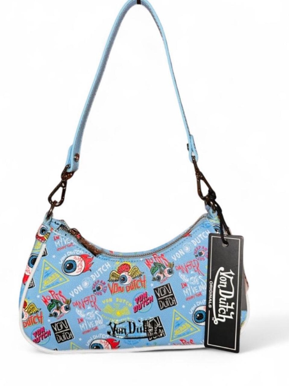 Von Dutch Light Blue Multicolor Logo Print Shoulder Bag